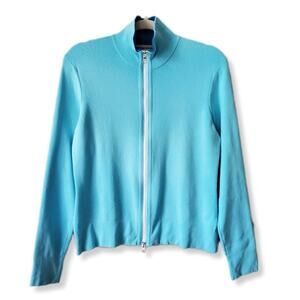 Y2K Women Blue Zip Cardigan L Elbow Patch Candycore Twee Pastel Preppy Nautical